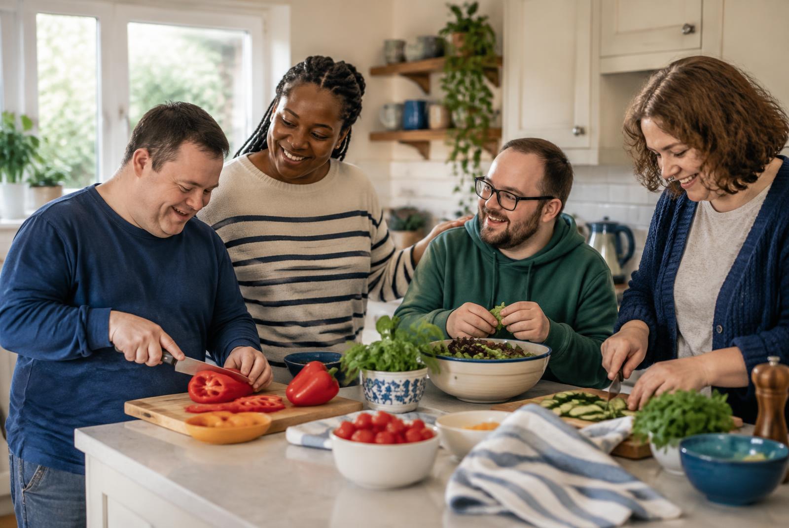 Adults preparing a meal together in a home kitchen